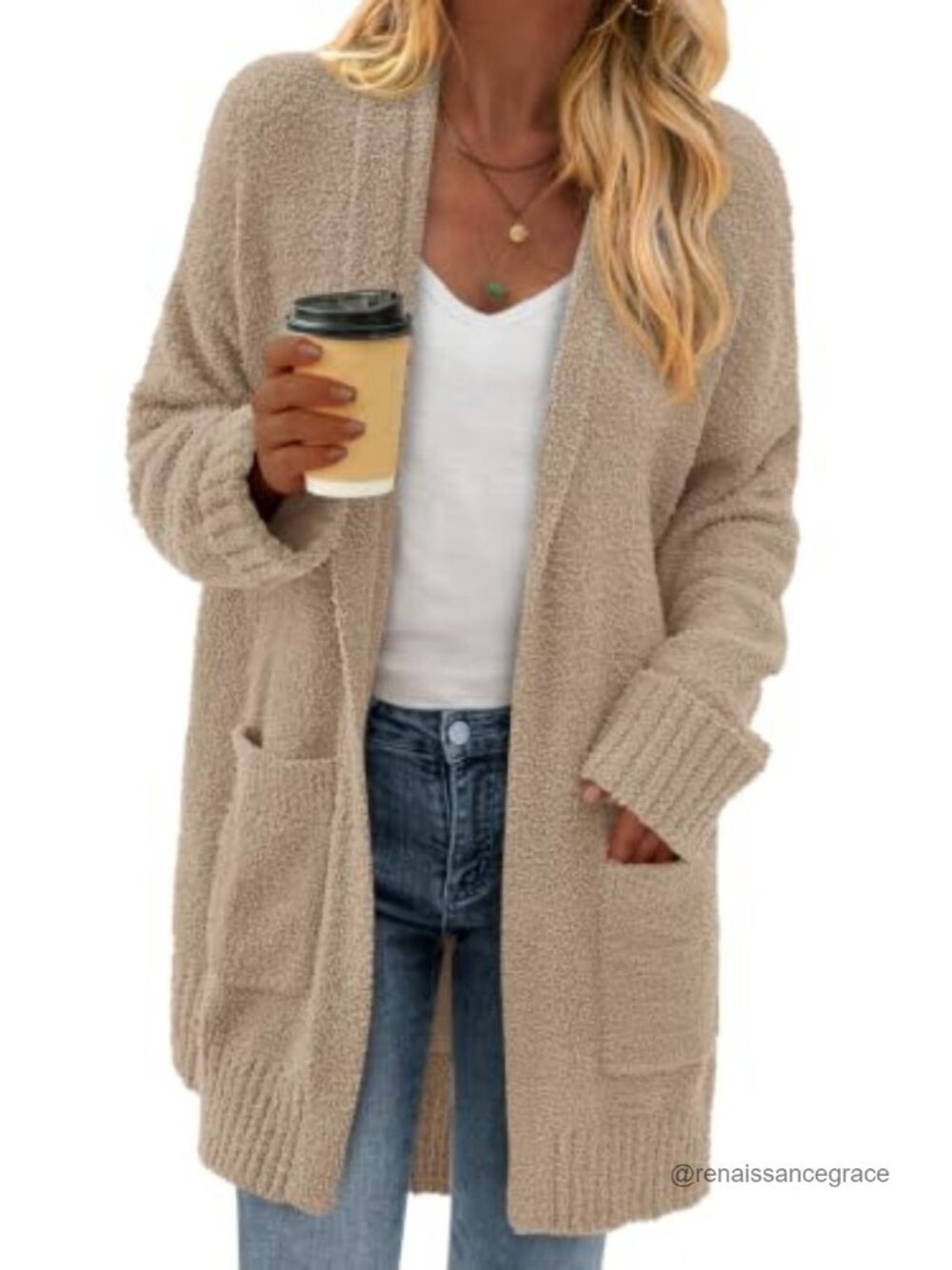 Chunky Fuzzy Knit Open Front Cardigan Long Sleeve with Pockets